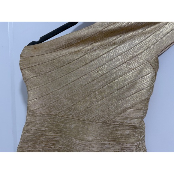 Herve Leger Jospehine Gold Metallic Bandage Dress One Shoulder Party Cocktail L - Picture 8 of 16